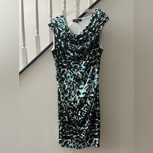 Larry Levine Teal, White, and Black Sheath Midi Dress